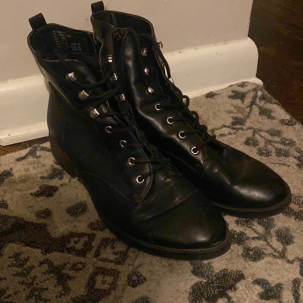 Black, lace-up, fux leather ankle boots